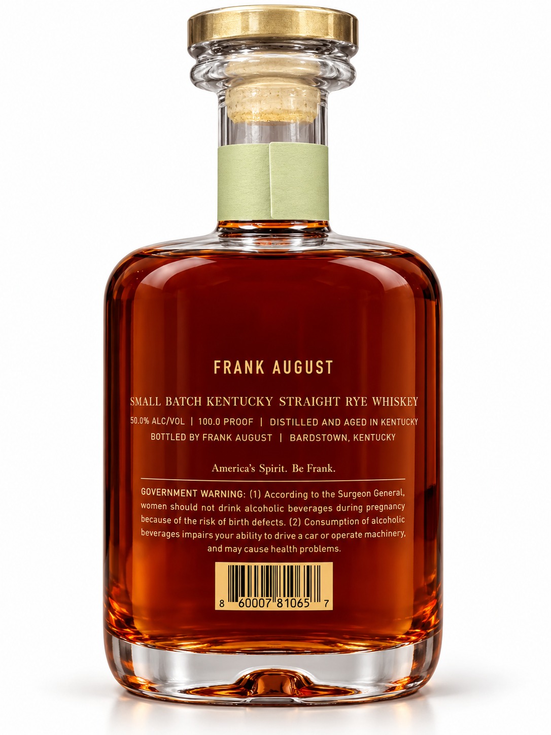 AI-retouched Frank August Rye rear bottle showing Kentucky distillation and aging and Bardstown bottling