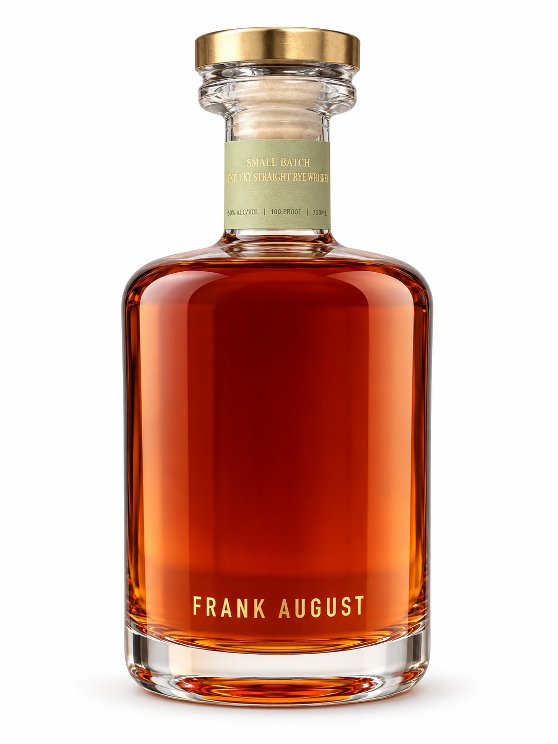 Cleaned Frank August Small Batch Kentucky Straight Rye bottle with pale green neck band and gold stopper