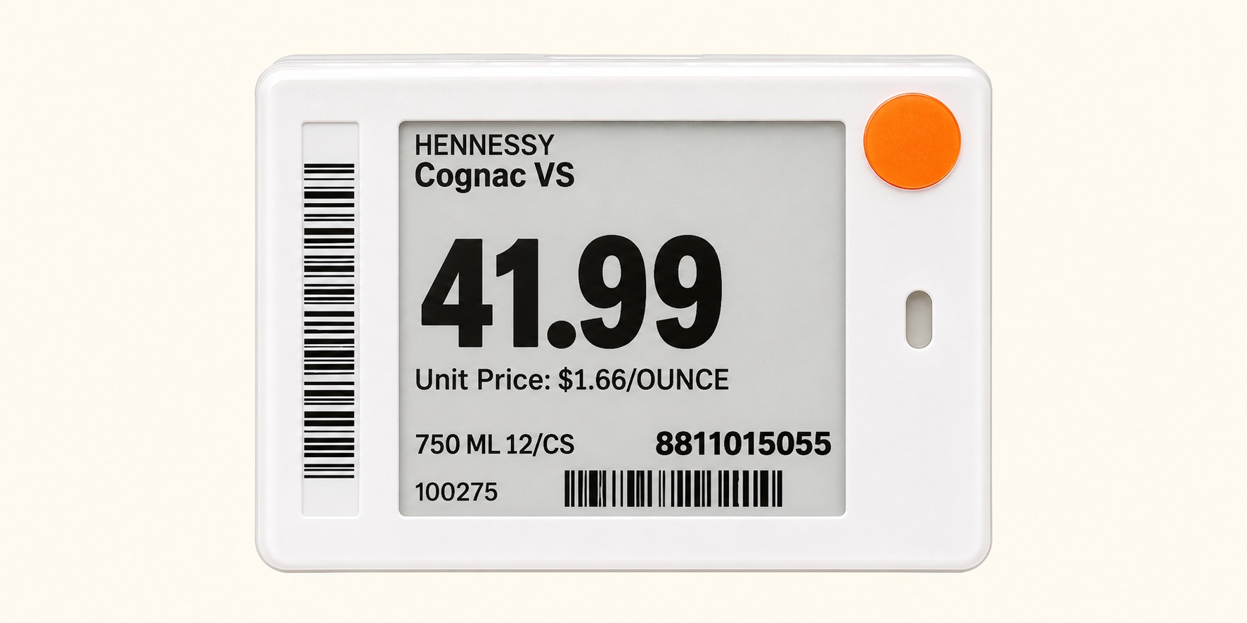 AI-retouched Hennessy Cognac VS electronic shelf tag showing 41.99 dollars and 750 ml