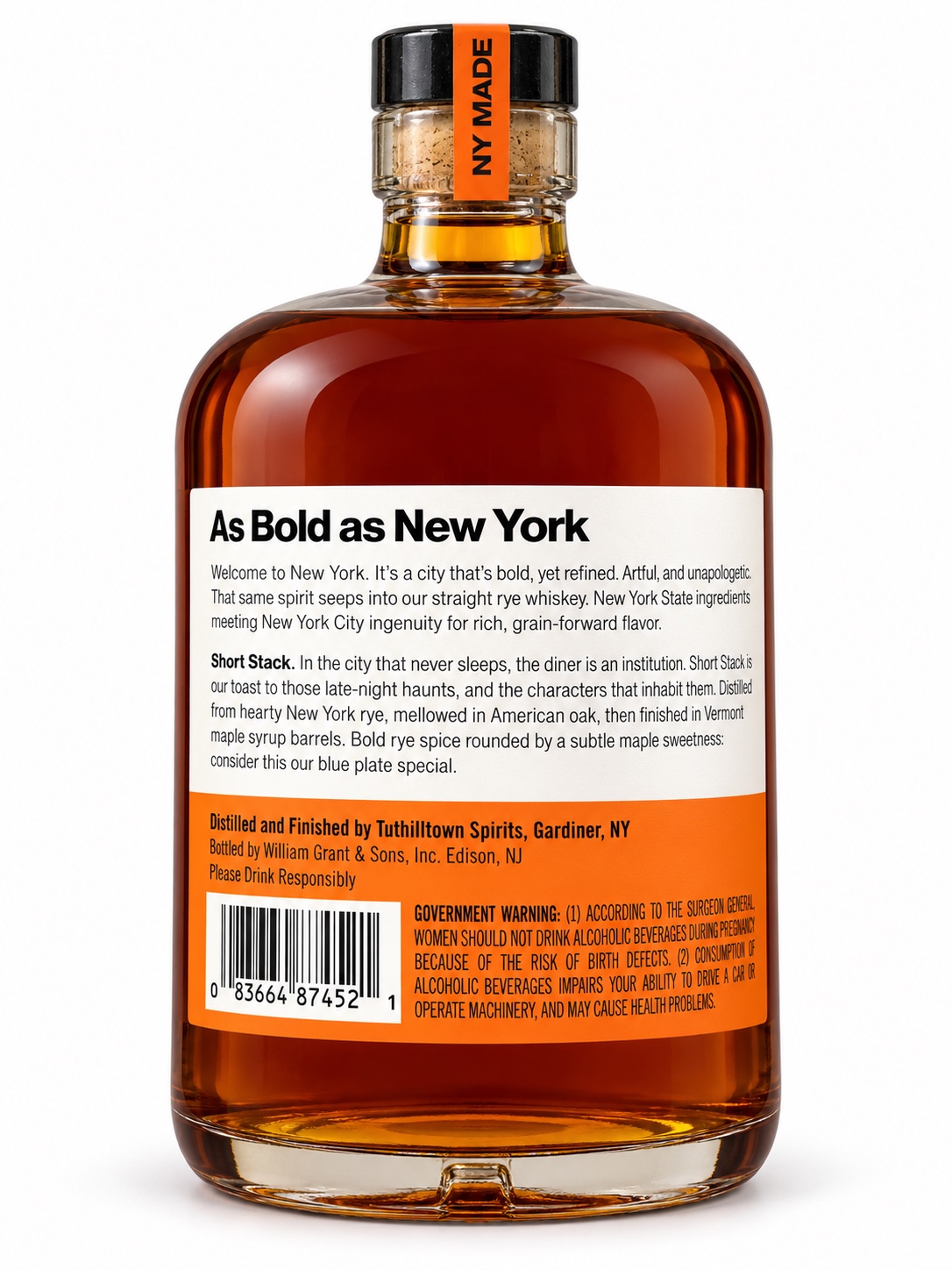 AI-retouched Hudson Short Stack rear bottle showing Tuthilltown Spirits in Gardiner New York and William Grant and Sons in Edison New Jersey