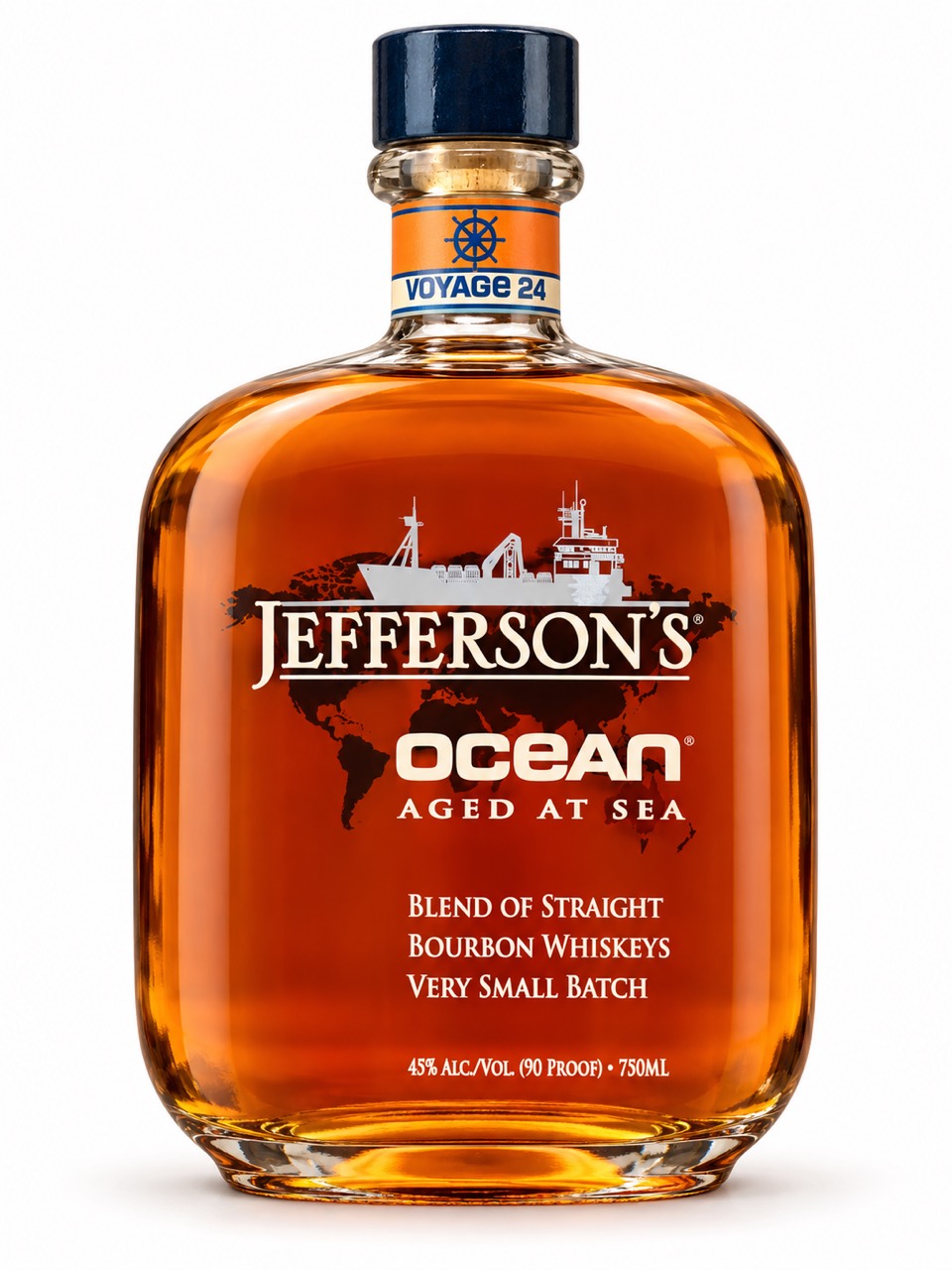 Jefferson’s Ocean front label with Voyage 24 neck band, 45 percent alcohol and 90 proof