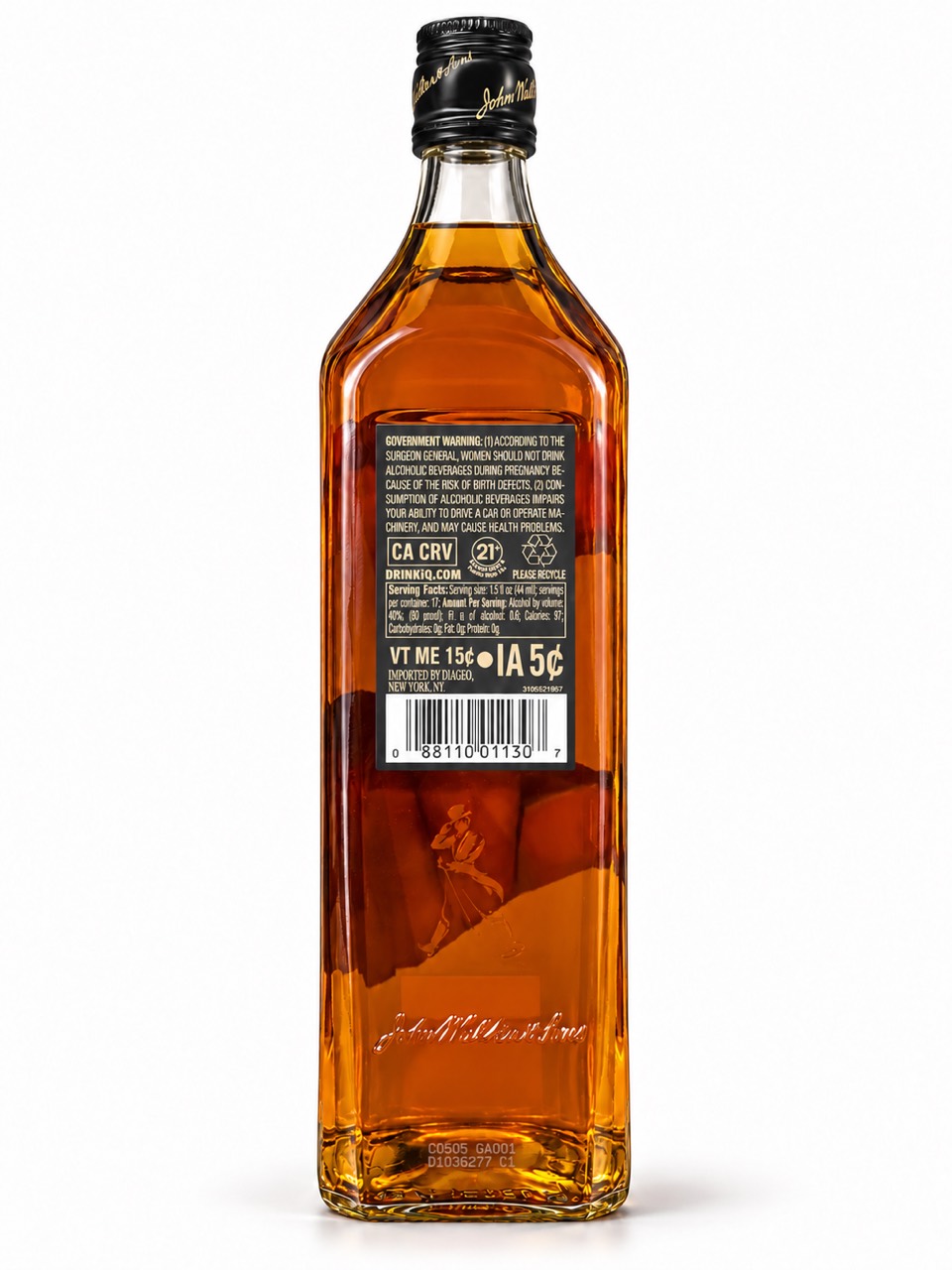 Supplied Johnnie Walker Black Label rear bottle illustration with 40 percent ABV, 80 proof and Diageo New York importer statement