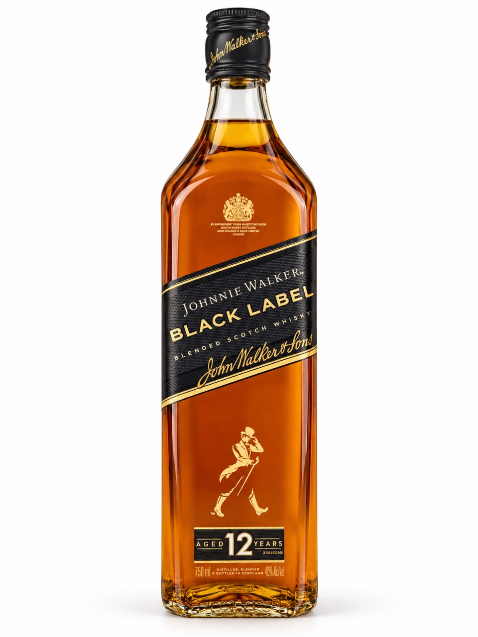 Johnnie Walker Black Label blended Scotch whisky front label showing aged 12 years, 40 percent ABV and 750 ml