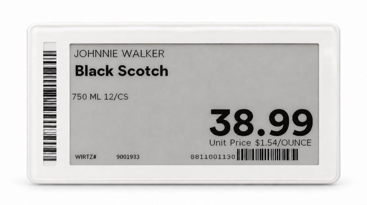 Johnnie Walker Black Scotch electronic shelf label showing 38.99 dollars for 750 ml and 1.54 dollars per ounce