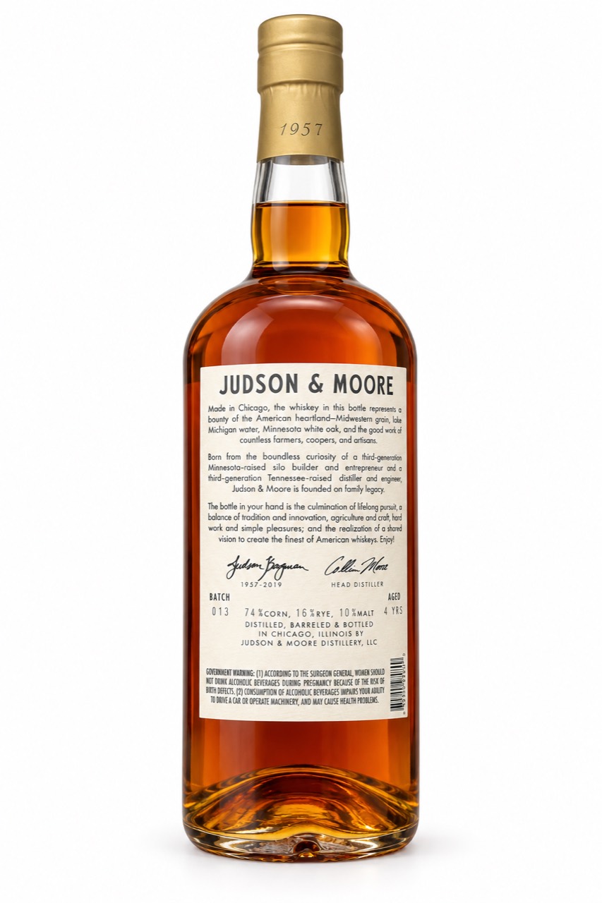 Back view of the Judson & Moore Bourbon bottle showing its story and production details