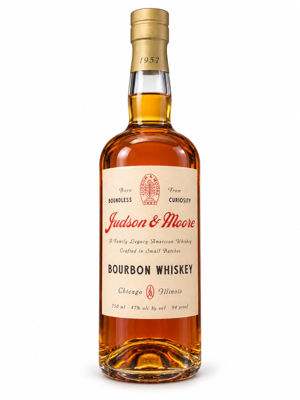 Judson & Moore Bourbon Whiskey bottle, marked Chicago Illinois and 94 proof