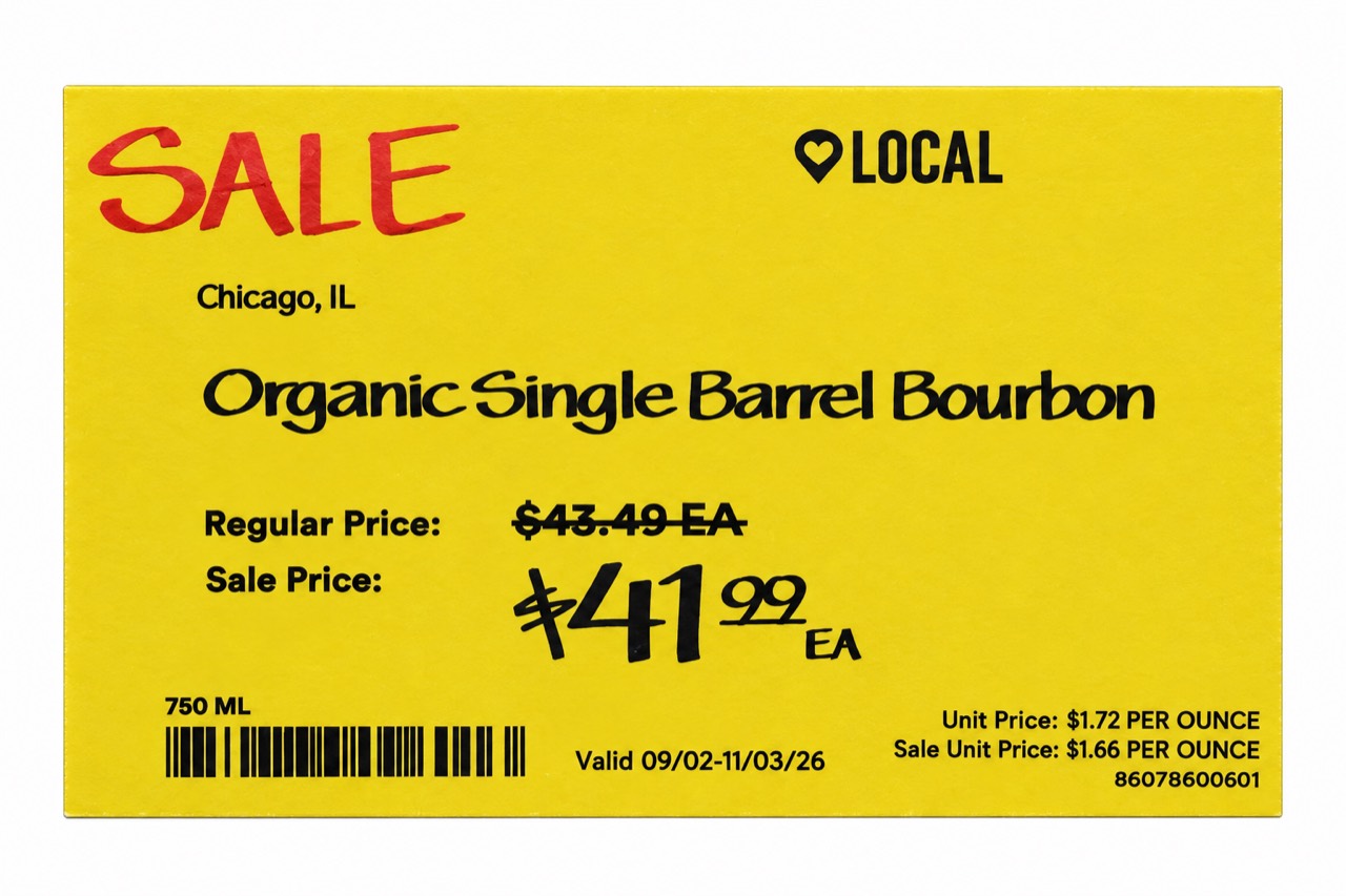 Supplied Target shelf tag showing Organic Single Barrel Bourbon 750 ml at 41.99 on sale, reduced from 43.49, valid 09/02–11/03/26