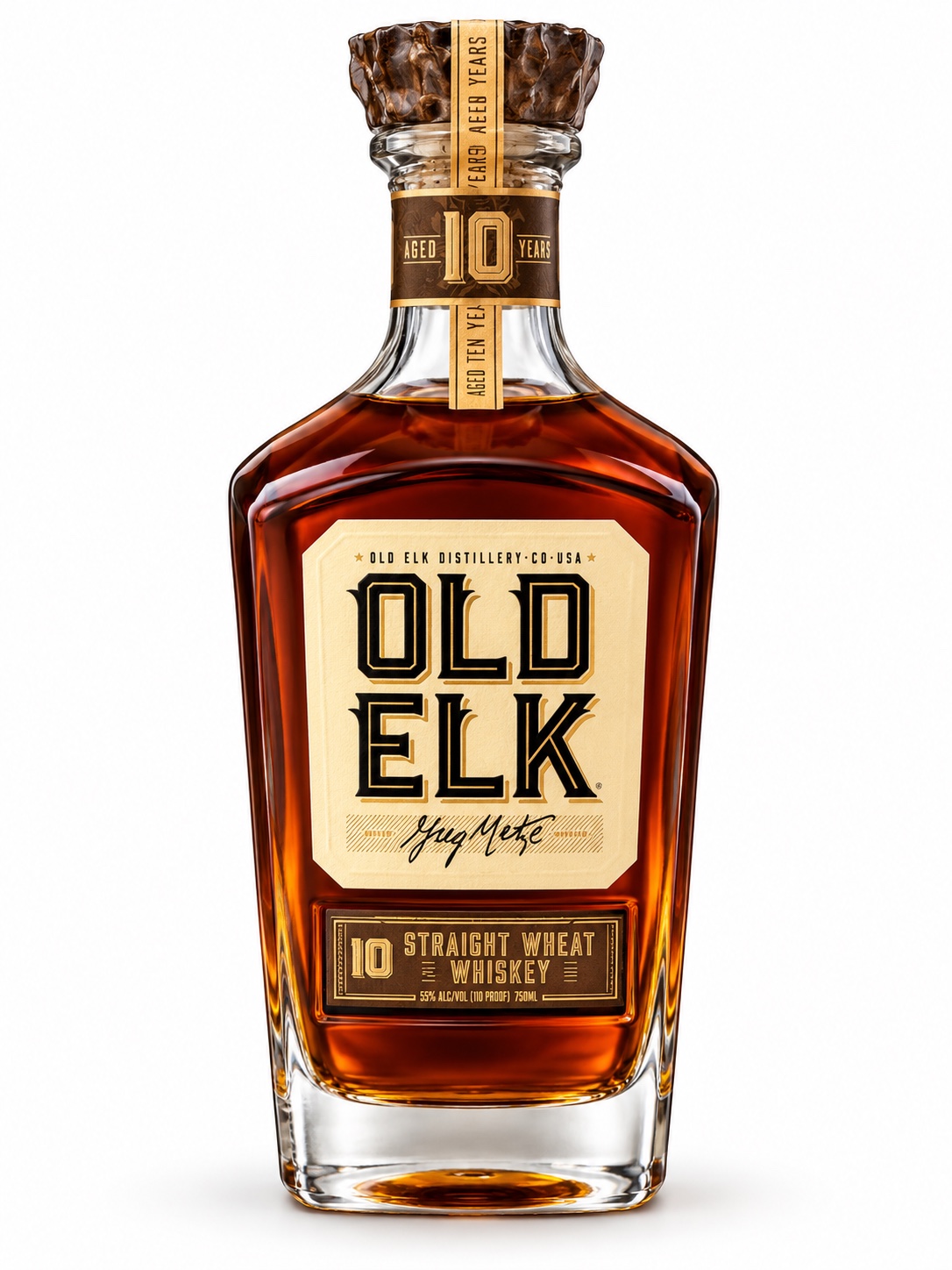 Old Elk 10 Year Straight Wheat Whiskey bottle illustration showing 55 percent ABV, 110 proof and 750 ml