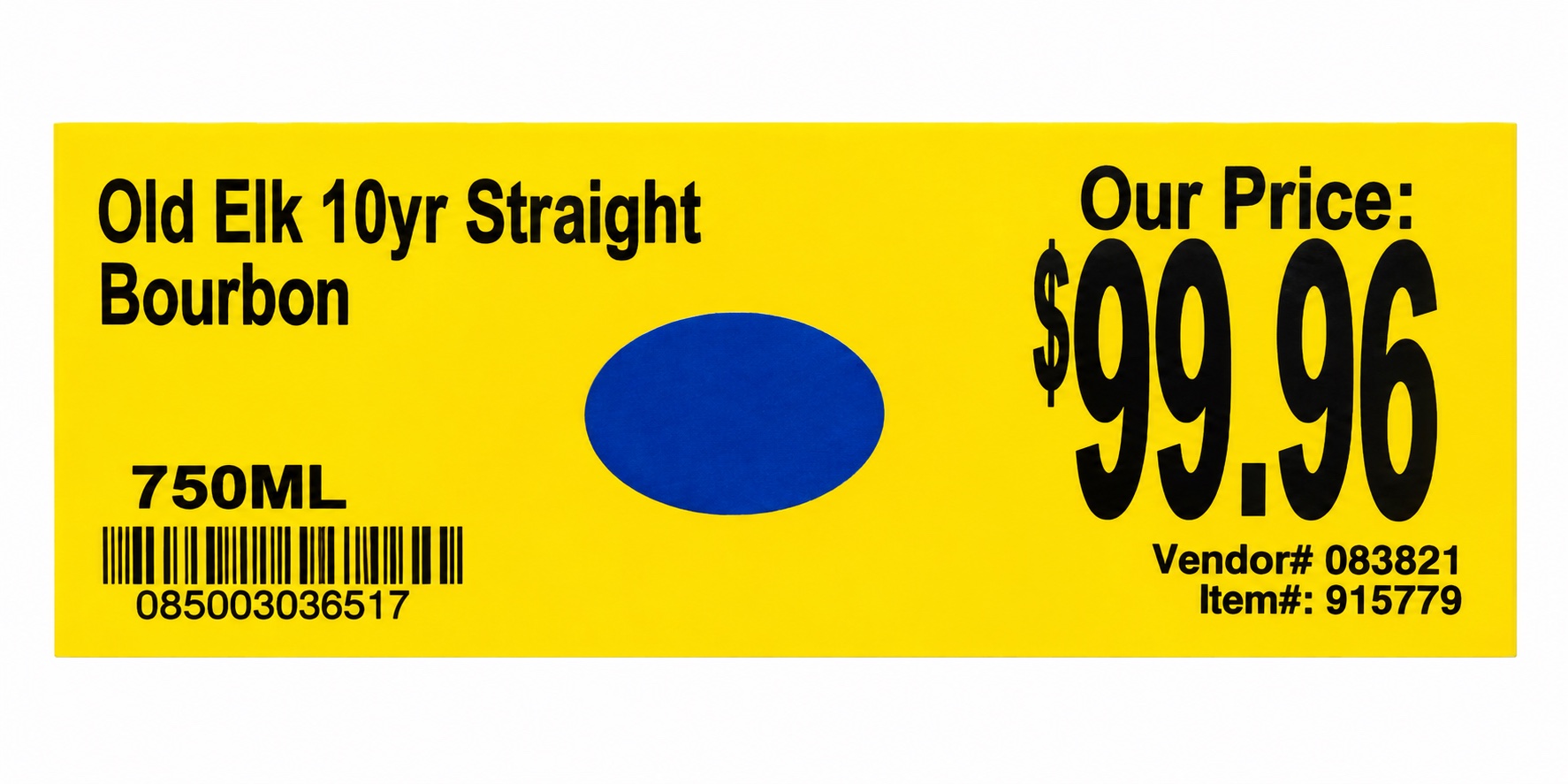 Cleaned yellow store tag reading Old Elk 10yr Straight Bourbon, 750 ml and 99.96 dollars, with a blue oval sticker