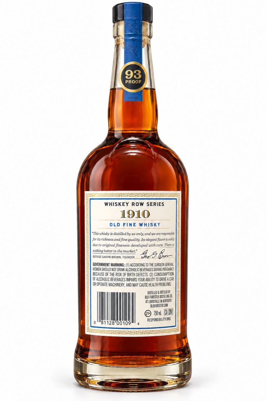 Supplied Old Forester 1910 rear bottle illustration showing Whiskey Row Series and the Louisville distiller and bottler statement