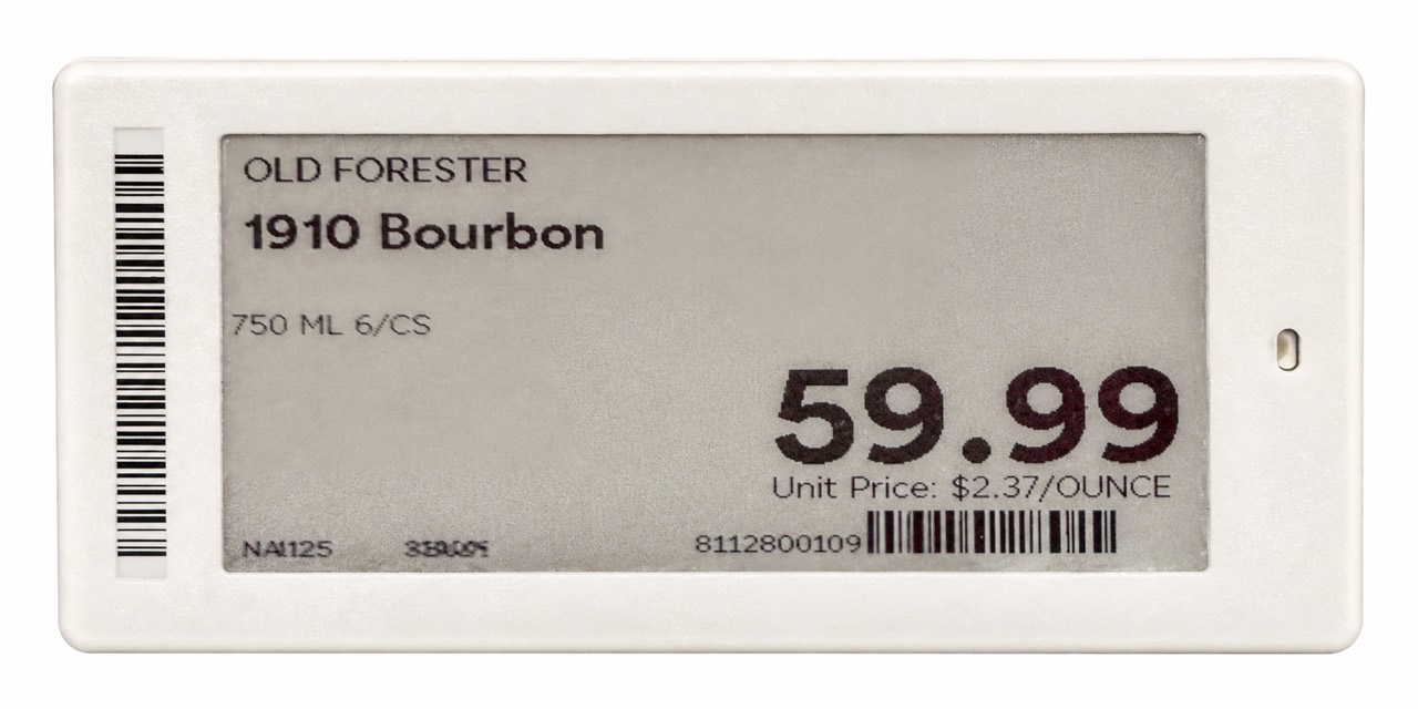 Old Forester 1910 Bourbon electronic shelf tag displaying 59.99 dollars for 750 ml and 2.37 dollars per ounce