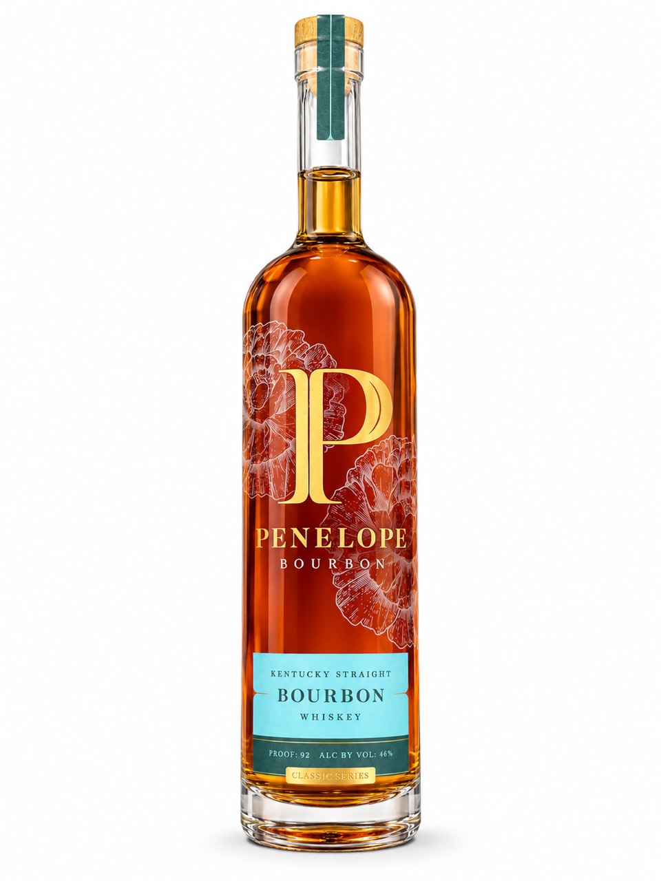 Penelope Kentucky Straight Bourbon front view with turquoise Classic Series label showing 92 proof and 46 percent alcohol