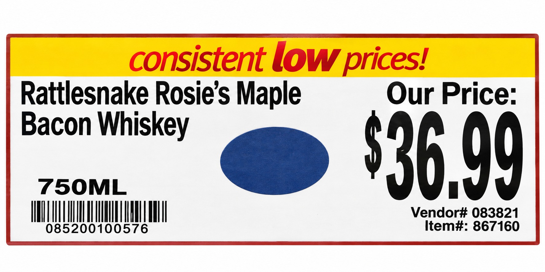 Cleaned Rattlesnake Rosie’s Maple Bacon Whiskey store tag showing 750 ml and 36.99 dollars, with blue oval sticker