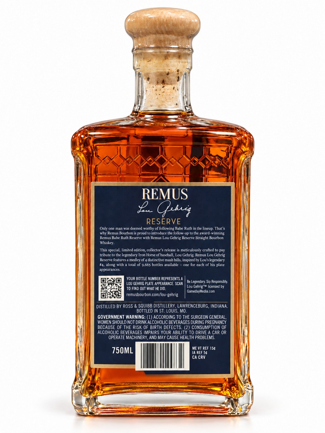 AI-retouched rear Remus Lou Gehrig Reserve bottle showing Indiana distillation, St. Louis bottling and 750 ml