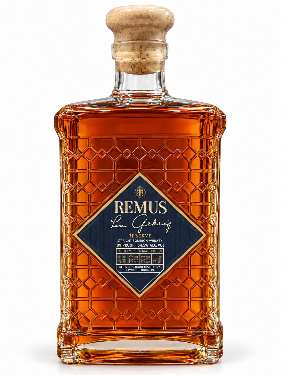 Cleaned Remus Lou Gehrig Reserve bottle with navy diamond label, embossed glass and wood stopper