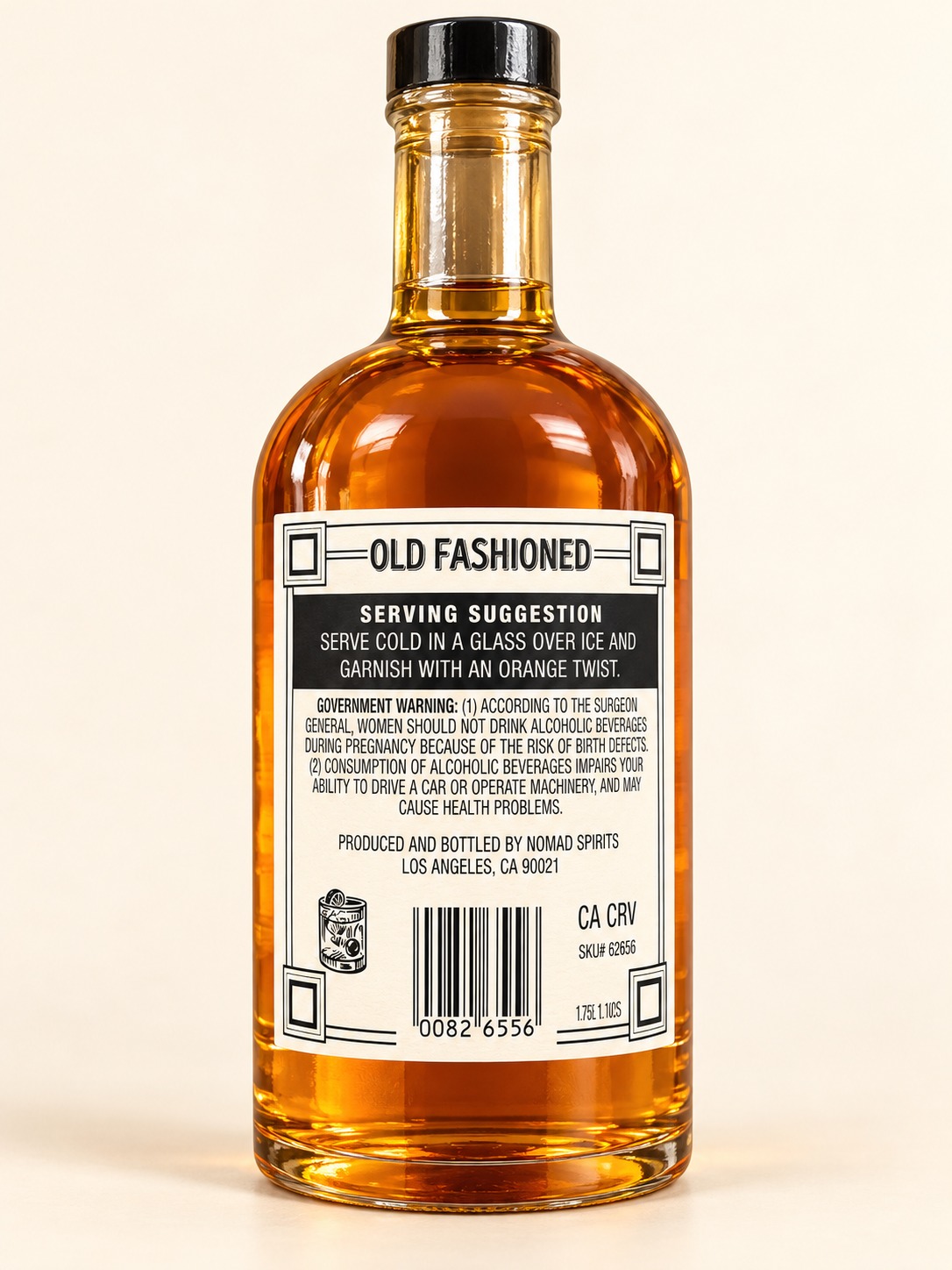 AI-retouched rear Old Fashioned bottle with serving suggestion and Nomad Spirits producer text