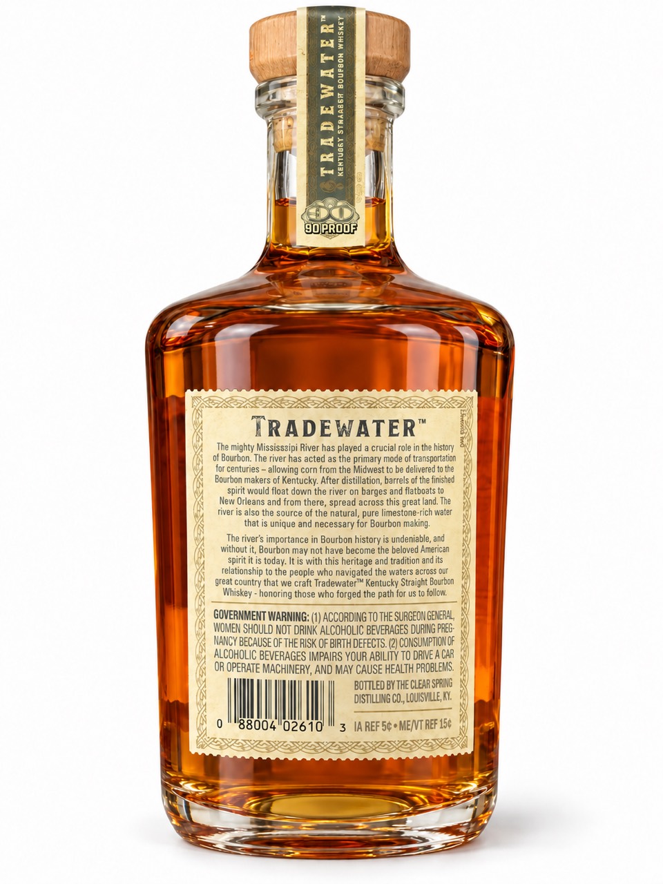 Tradewater back label with its river story and Clear Spring Distilling Company bottler statement