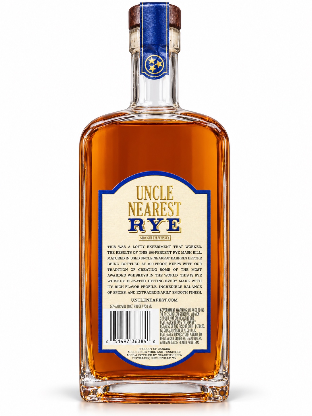 AI-retouched Uncle Nearest Rye rear bottle view with Canadian origin and New York and Tennessee aging statements