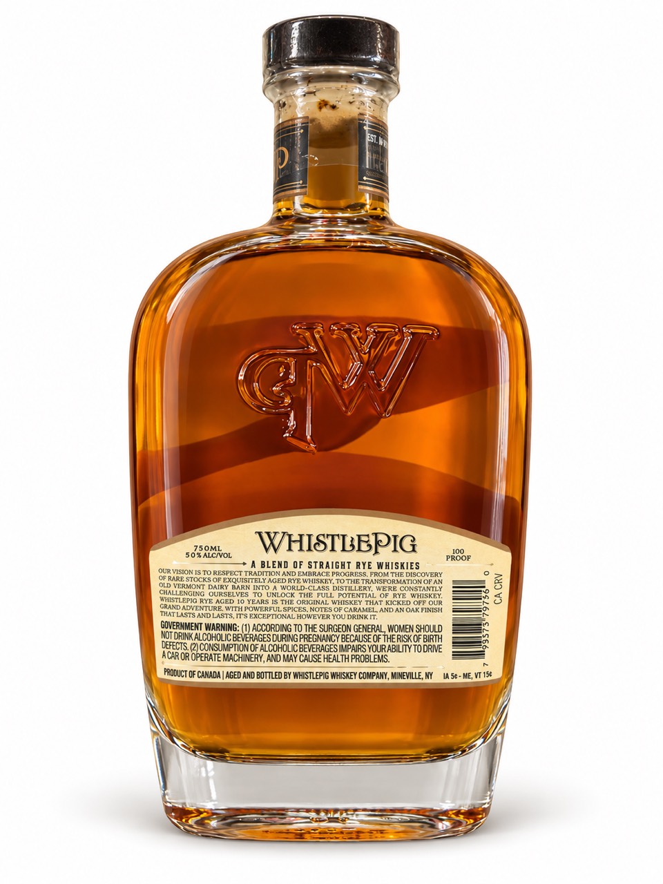WhistlePig 10 Year rear label showing a blend of straight rye whiskies and Product of Canada origin statement