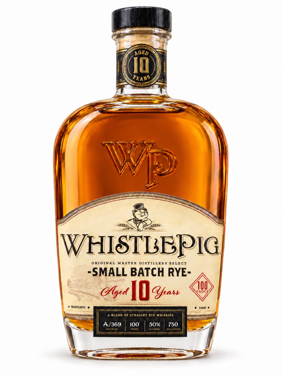 WhistlePig Small Batch Rye front label showing aged 10 years, 100 proof, 50 percent alcohol and 750 ml