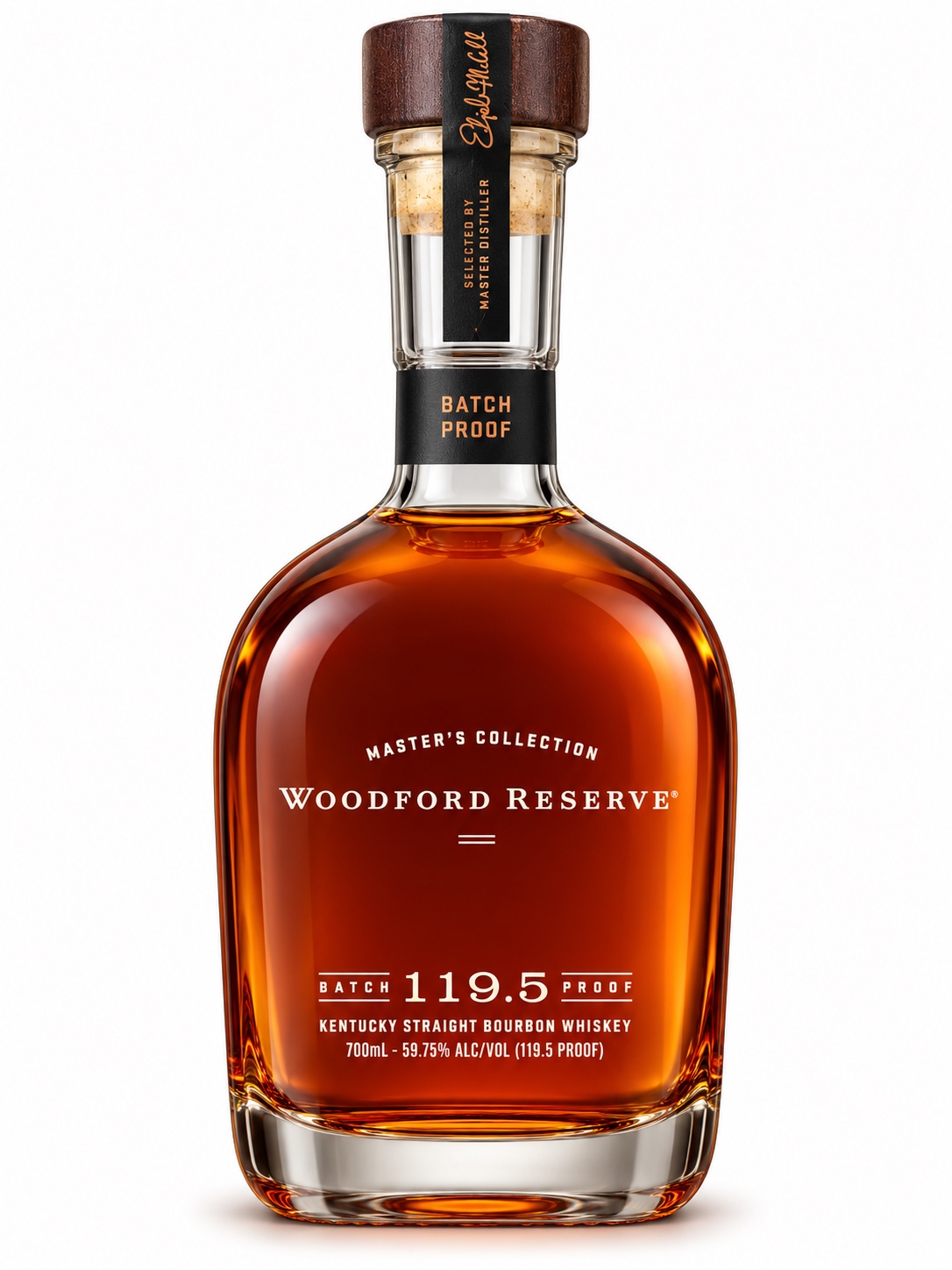 Woodford Reserve Batch Proof bottle illustration showing 119.5 proof, 59.75 percent ABV and 700 ml