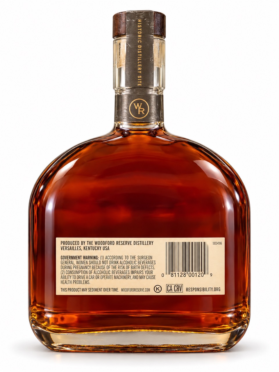 Back of Woodford Reserve Double Oaked naming the distillery in Versailles, Kentucky