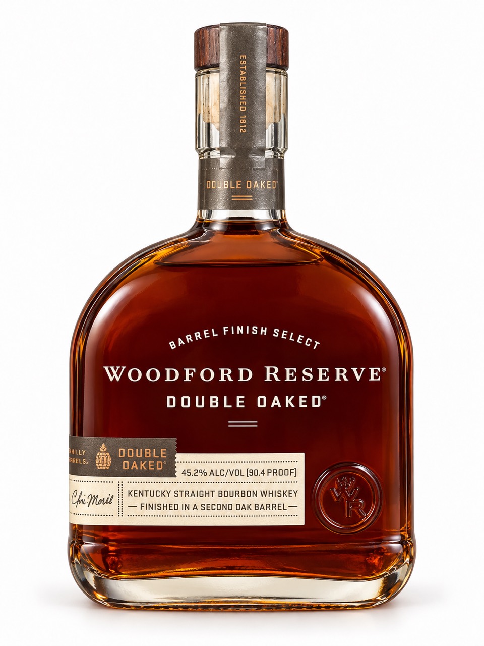 Front of Woodford Reserve Double Oaked, labelled 45.2 percent alcohol and 90.4 proof