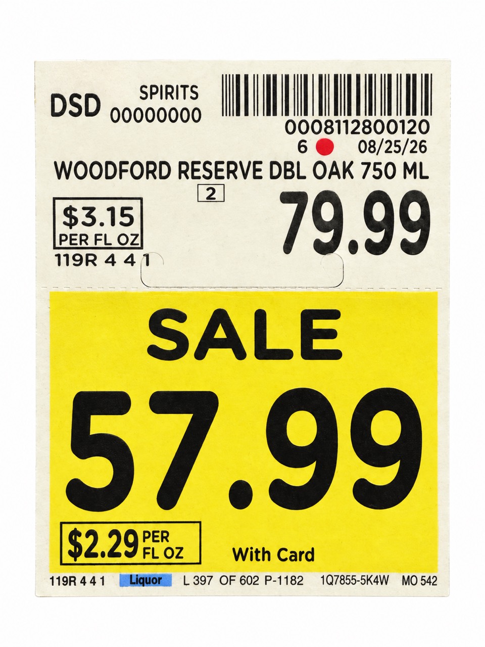Woodford Reserve Double Oaked 750 ml shelf tag showing 79.99 and a 57.99 sale price with card