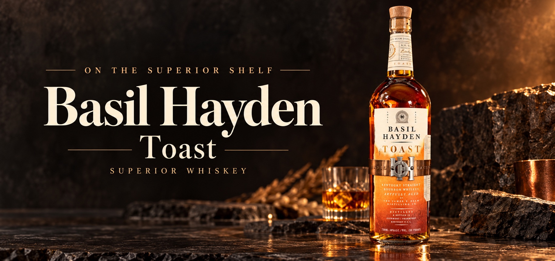 Basil Hayden Toast editorial cover with a copper-lit bottle and Superior Whiskey branding