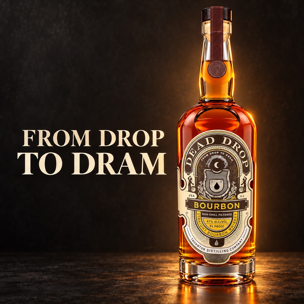 Dead Drop Bourbon illustration with a bottle against a dark amber-lit background and From Drop to Dram lettering