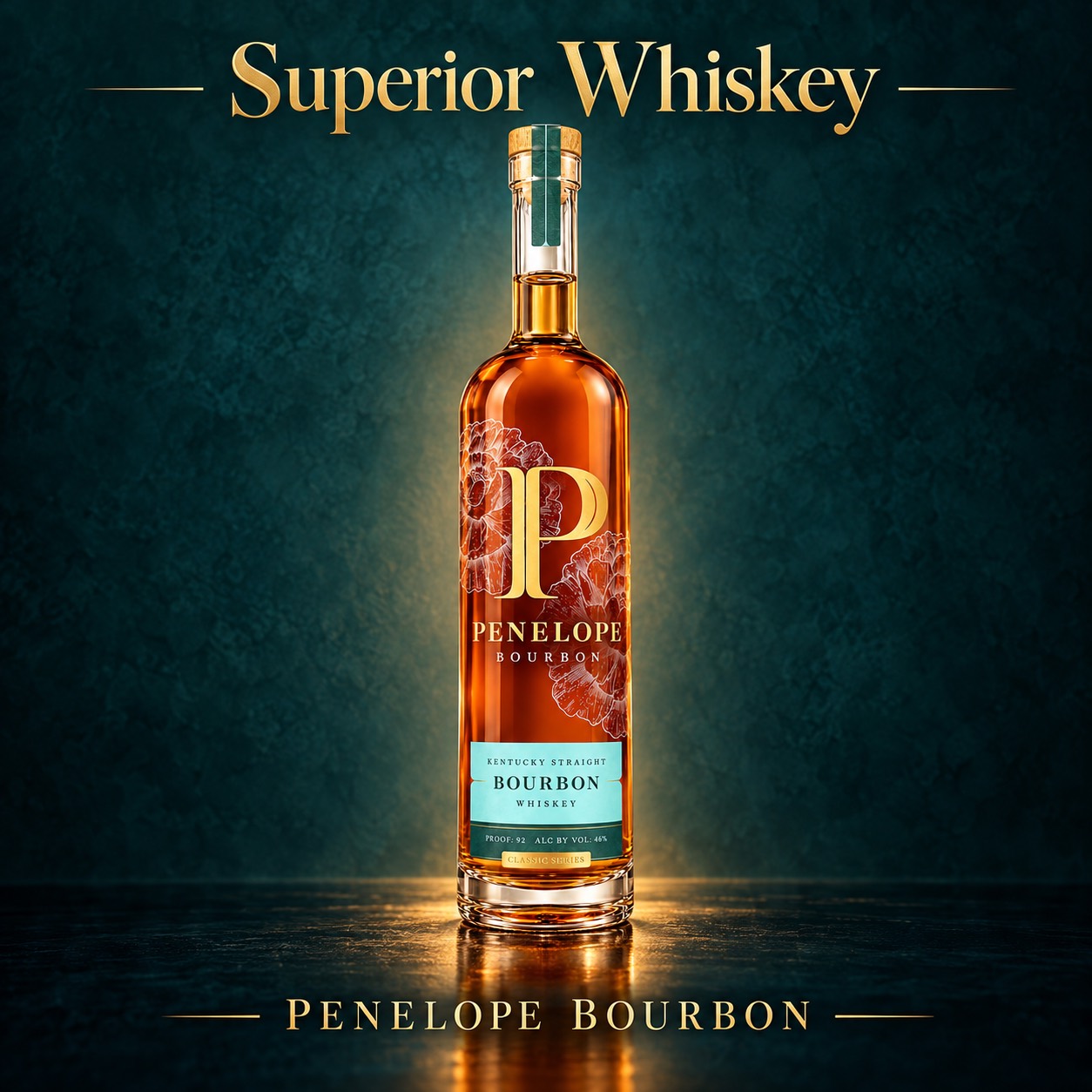 Penelope Bourbon illustration centered on a dark teal background with gold Superior Whiskey lettering