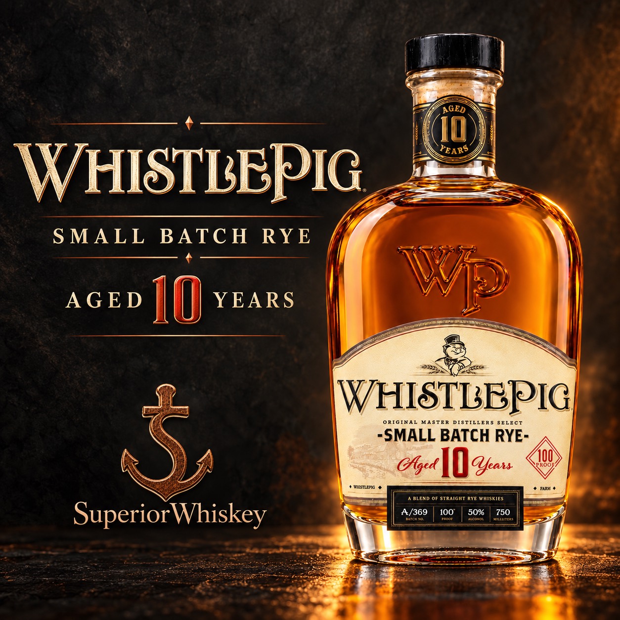 WhistlePig Small Batch Rye 10 Year decorative illustration with Superior Whiskey branding on a dark amber background